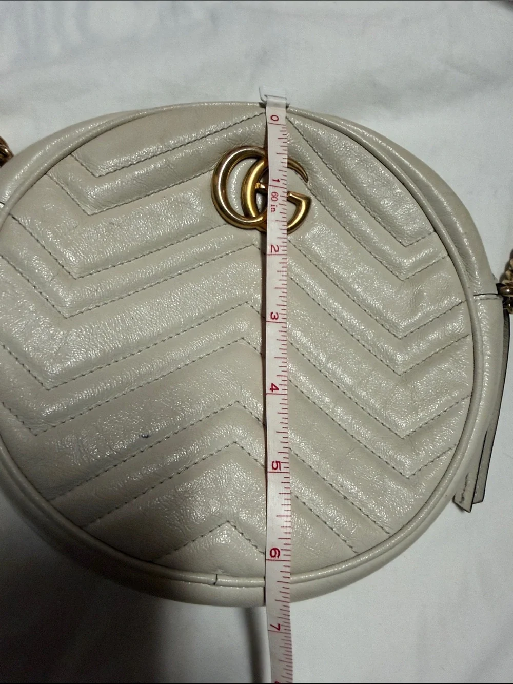 Gucci Round Chevron Crossbody Bag in Light Beige with Gold Hardware